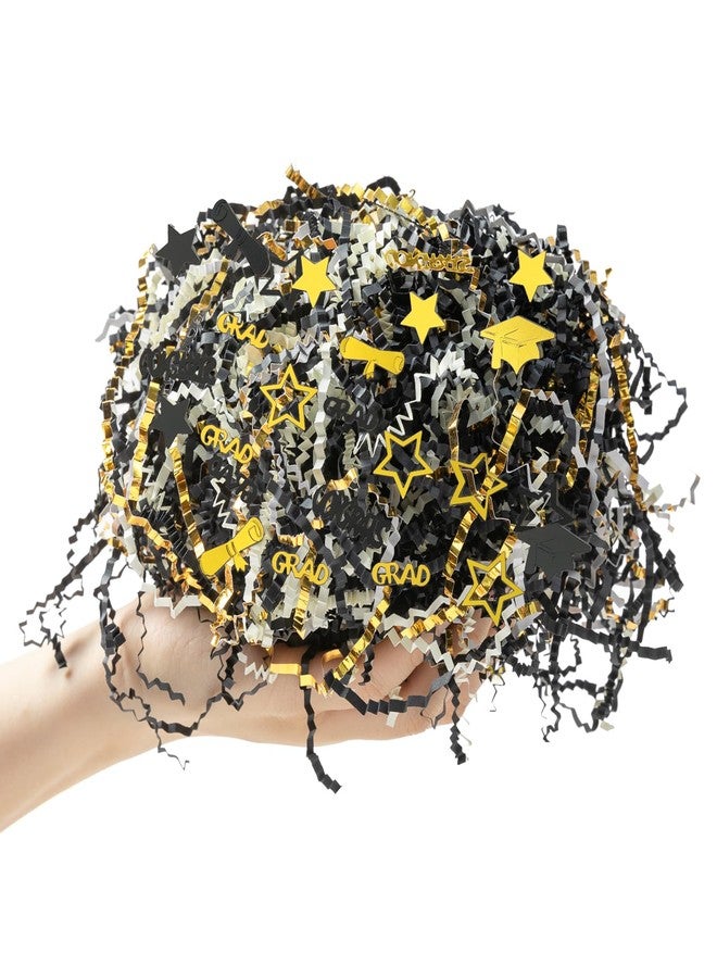 CIPOWM 16oz Graduation Crinkle Cut Paper Shred, 3 Colors Black Gold White Raffia Paper Shred Filler with Grad Cap Star Confetti Shred Paper for Gift Wrapping Craft DIY Gift Bag Box Filling Party Supply - Image 3